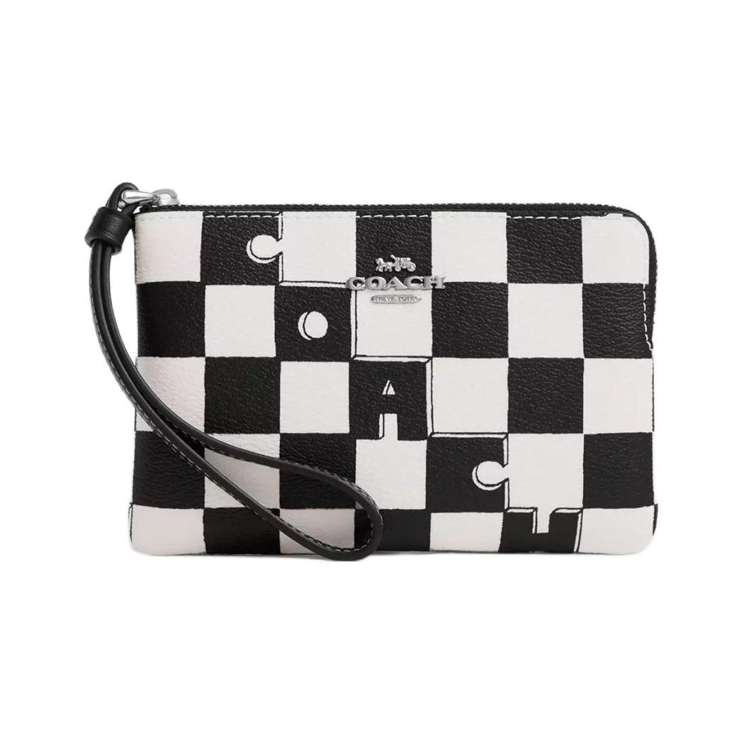 Coach Corner Zip Wristlet 16 Checkered Print Zip Closure Canvas And Leather Wallet Women Wallet Black CR813-SVA16 Black