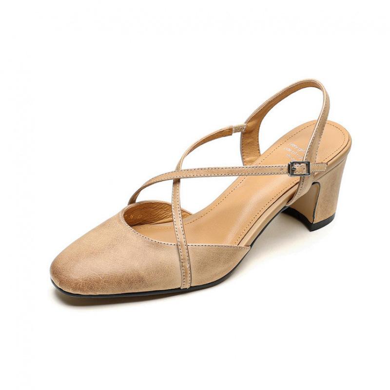 Summer solid color back empty sandals new women's thick heel sandals casual leather beef tendon soft sole bag head sandals large size