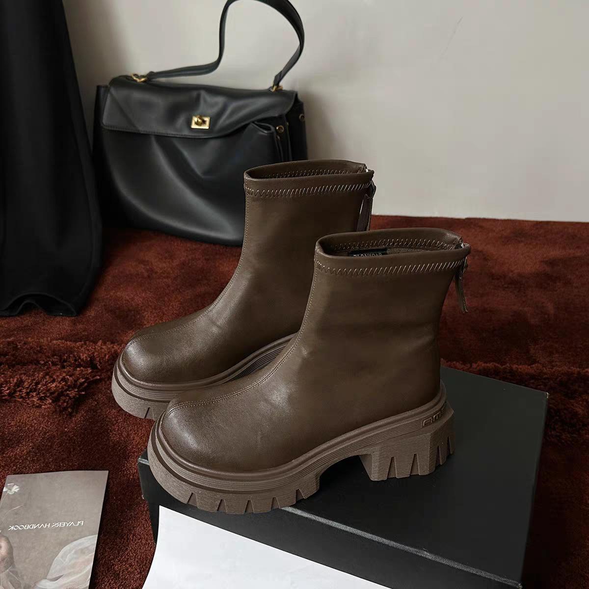 

thick-soled thick-heeled thin boots women s winter 2024 new round-headed rear zipper short boots elastic versatile fashion boots tide 40 темно-коричневого кольору
