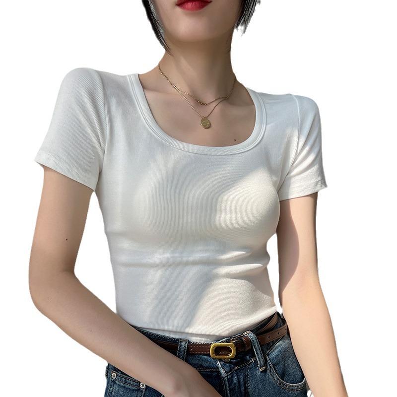 Women's Ribbed Square Neck Cotton T-Shirt: High-Elastic Short Sleeve, Stylish Slim Fit, Summer 2025 Collection