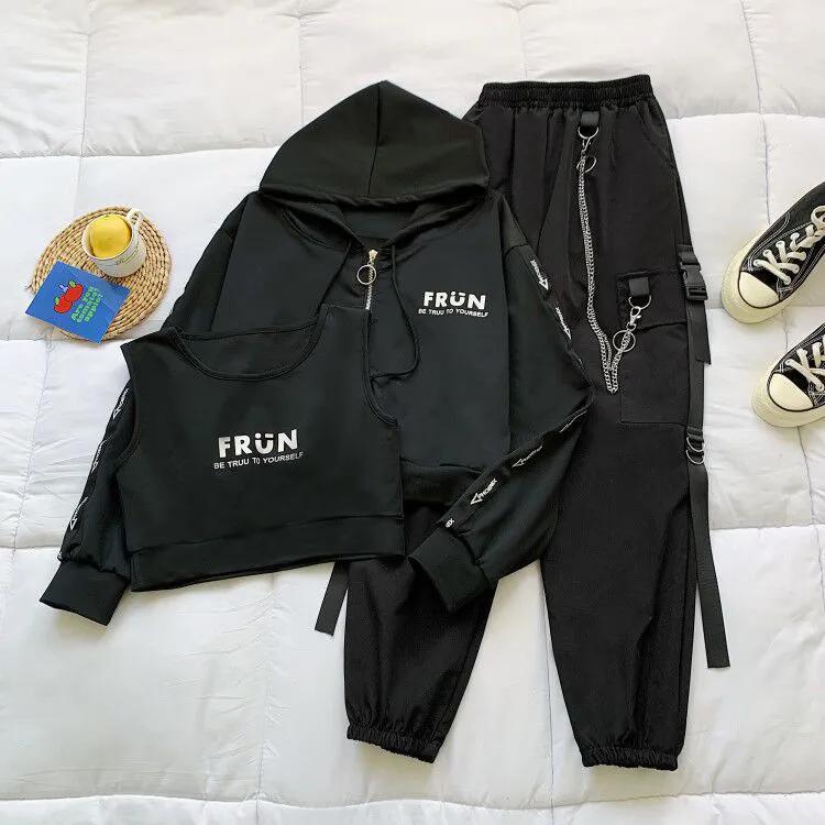 

Весенне-осенние брюки-карго, женский костюм, свободный спортивный кардиган с капюшоном + жилет + брюки, комплект из трех частей с принтом букв-цепочек XS чёрный