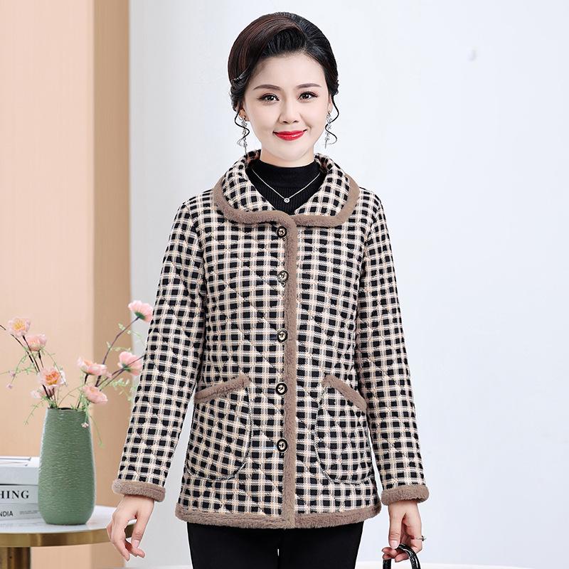 Winter Plaid Cotton-Padded Jacket for Middle-Aged & Elderly Women - Thick, Warm, and Stylish Outerwear