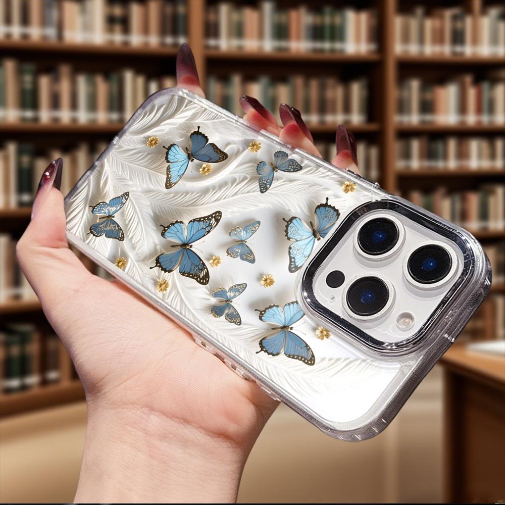 Blue Butterflies White Feathers Transparent Phone Case for IPhone 14 15 16 13 12 11 Pro Max 12 XS Max Anti-Scratch Soft Cover