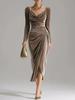 European and American women's clothing, casual velvet sexy new long-sleeved, thin pleated long split hip-wrapped dress