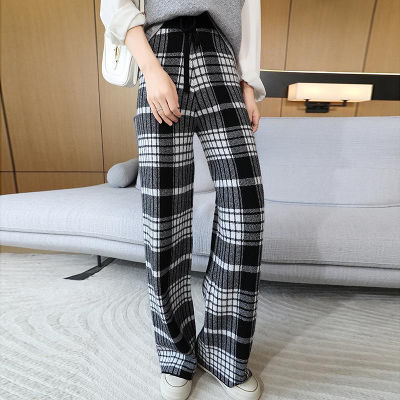 

High Waist Plaid Wool Knit Pants - Casual Straight Leg, Floor Length XXL
