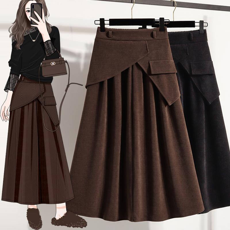 DIMANAF 2025 Herbst Übergröße Lange Damenröcke Elastischer Bund Übergröße Taschen Elegant Hohe Taille Röcke A-Linie
