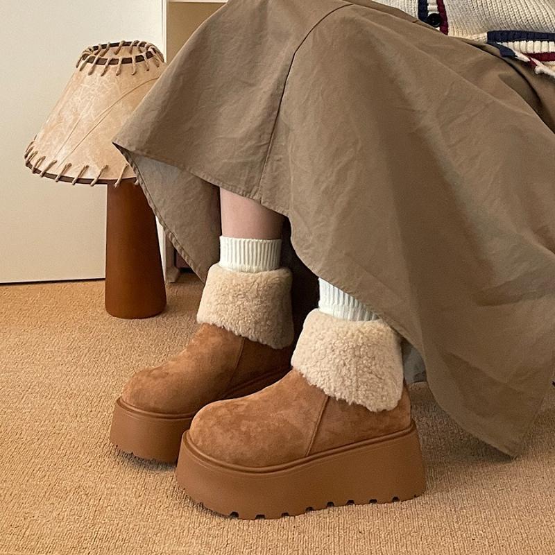 Thick-soled Heightening Snow Boots Women's  Winter Plush Warm Fluffy Short Boots Fashionable Ugly Cute Big-headed Cotton Shoes