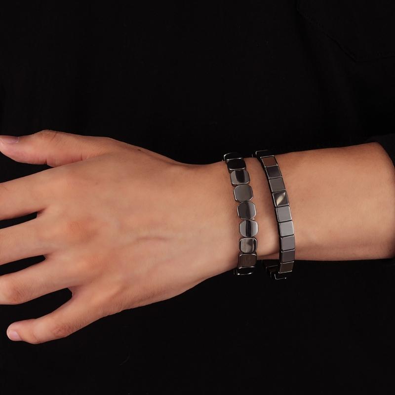 Elastic Hematite Bead Bracelet Square Pattern Natural Black Stone Wristband Comfortable Unisex Wear Daily Accessory