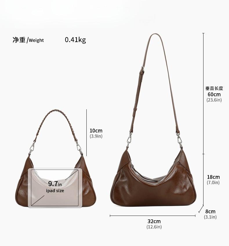 Vegetable-Tanned Cowhide Hobo Bag | Genuine Leather Women's Handbag | Fashiable Shoulder Bag | Girls' Commuter Underarm Bag