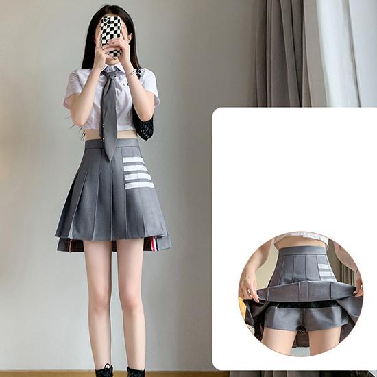 Dámská skládaná sukně se čtyřmi pruhy, šedý design obleku College Style, módní dámská ultra krátká poloviční sukně do A, sukně Jk