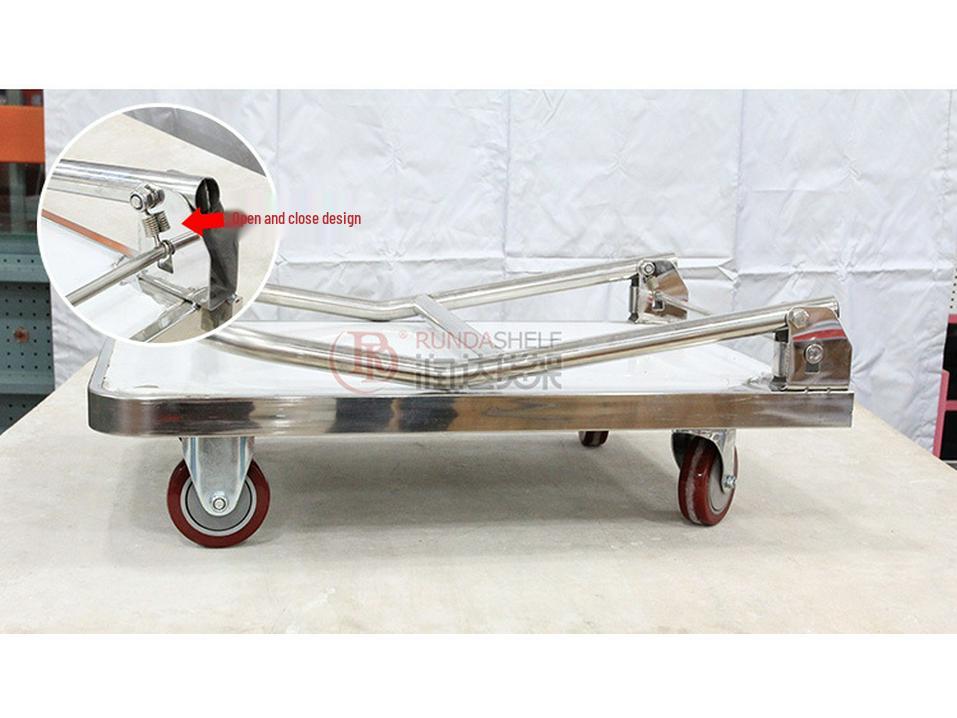 Foldable Stainless Steel Flatbed Trolley - Silent Small Trailer for Construction and Logistics.