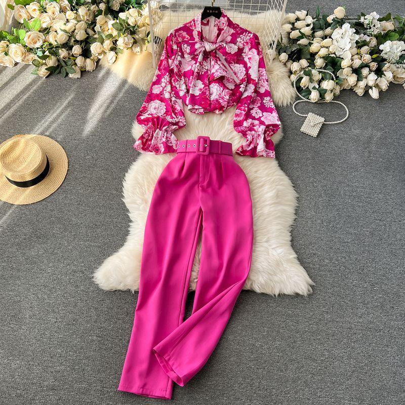

Niche Style Fashionable Spring Elegant All-Match Suit Pants Shirt Rose Red + belt XL