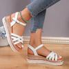 New Women's Cross-buckle Rhinestone Hemp Rope Square Head Sandals