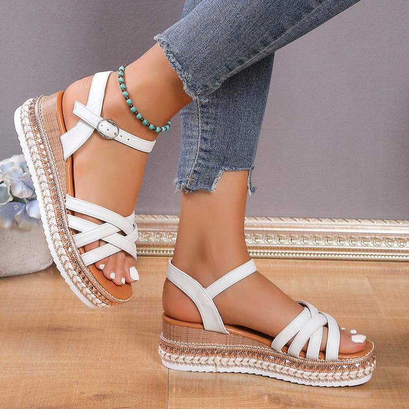 New Women's Cross-buckle Rhinestone Hemp Rope Square Head Sandals