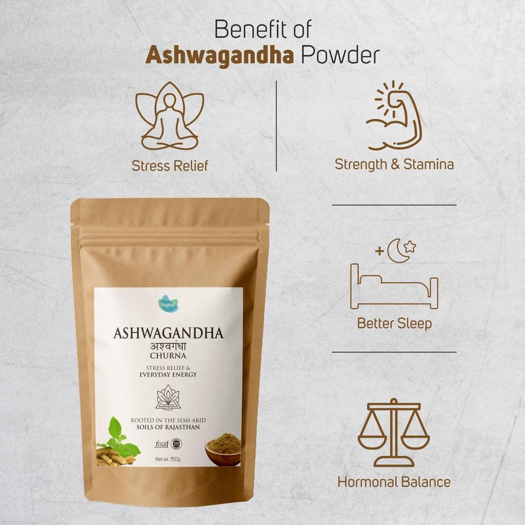 Vegetal Ashwagandha Churna | 150g | 100% Organic | Stress Relief, Strength & Stamina, Better Sleep & Hormonal Balance | No Preservatives or Artif
