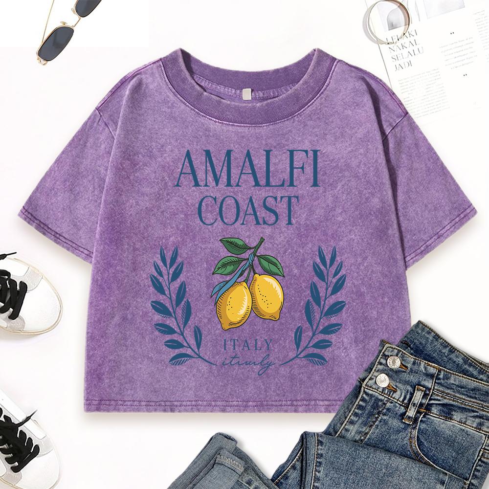 Amalfi Coast Lemon Italy Printing Washed T-Shirt Women Summer Cotton Streetwear Fashion Slim Clothes Hip Hop T Shirt
