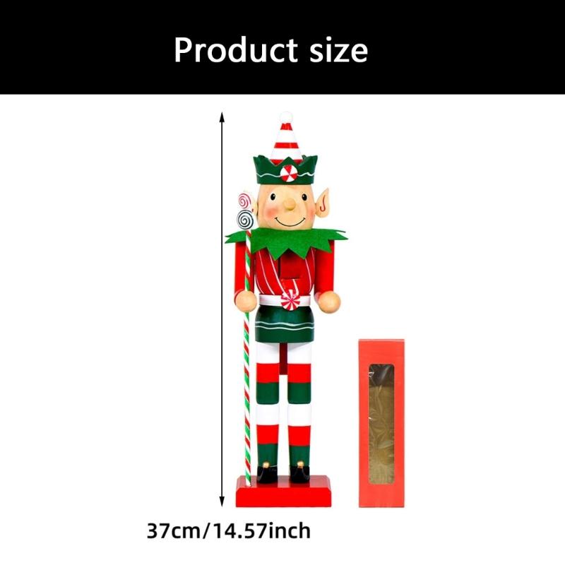 Creative Wooden Elf Nutcrackers Statue with Candy Canes Christmas Seasonal Display with Intricate Engraving Designs