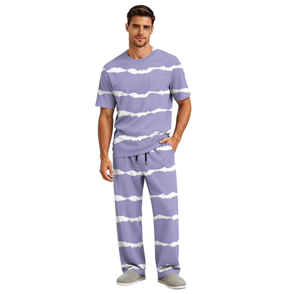 Men's Short Sleeve Pajama Set with Long Pants, Button Crotch, Elastic Waist Drawstring - Comfortable Sleepwear