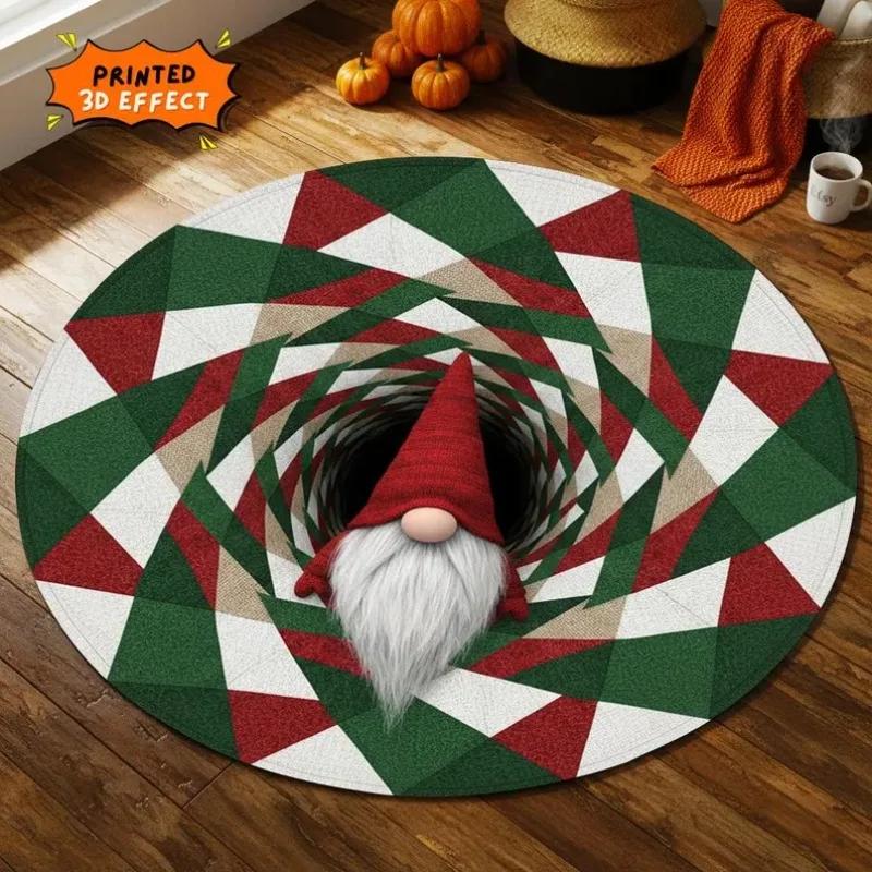 Christmas Gnome Round Rug 3D Gift Illusion Mat Holiday Winter Carpet Festive Santa Gnome Floor Rug Xmas Home Decor Round Rug
