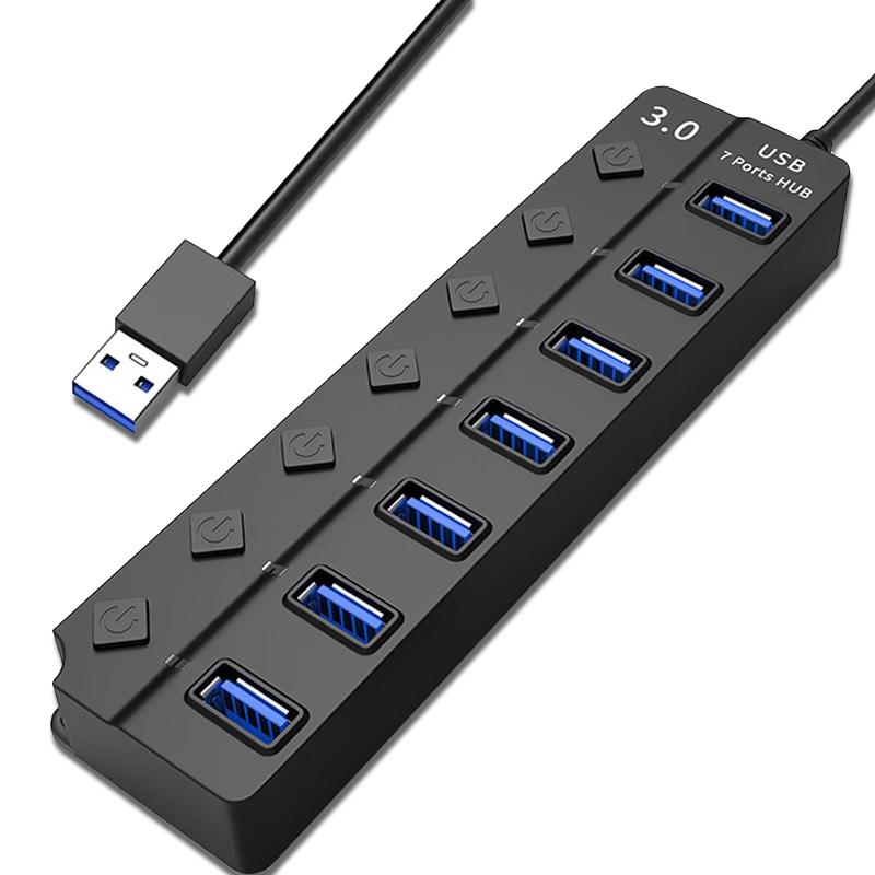 

USB3.0 7-Port Hub High Speed Data Transfer Expansion Dock with Individual Switches for Laptop Desktop PC As Shown A