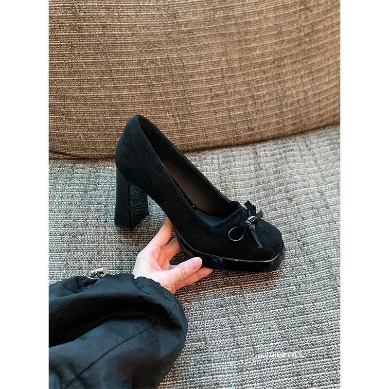Summer spring and autumn retro square head bow high heels women's waterproof table thick heel single shoes