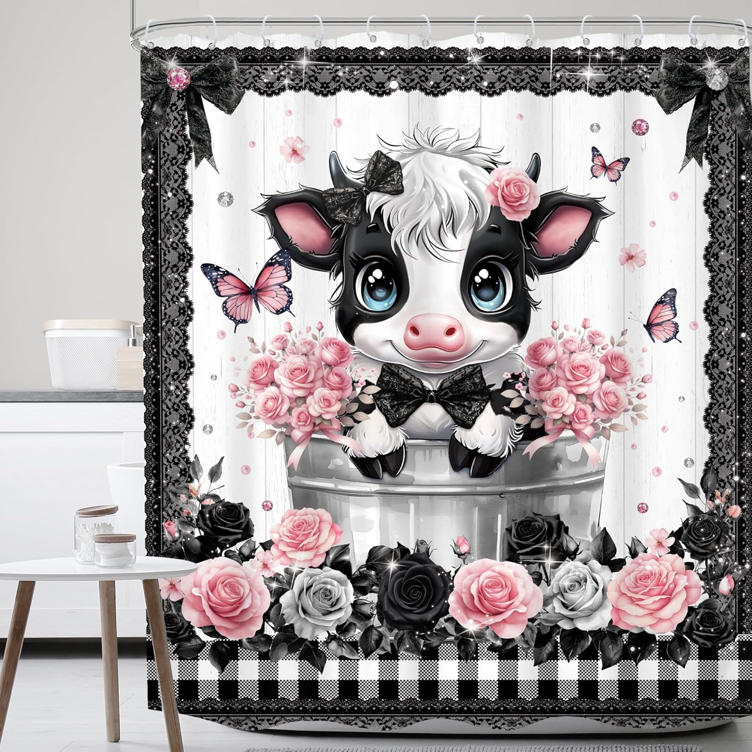 

Funny Cow Shower Curtain Western Highland Cow Black White Farmhouse Farm Animal Bull Cattle Cute Fun Rustic Bathroom Decor W60H190(CM)-1 Pcs