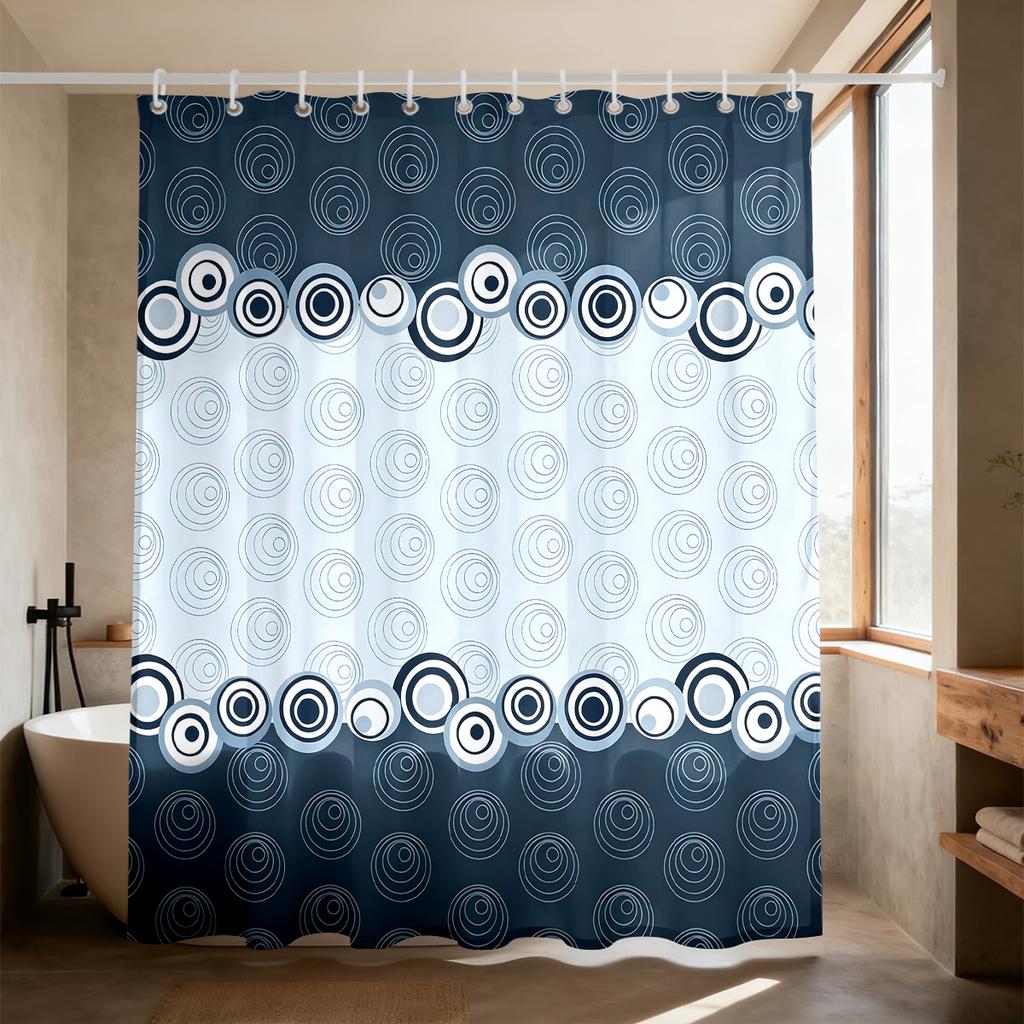 1 Piece Circular Line Printed Waterproof Privacy Partition Shower Curtain With 12 Hooks, Available In Various Sizes