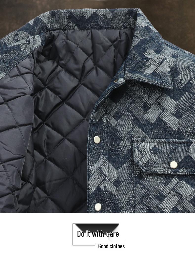 Men's Plus Size Plaid Denim Jacket - Cotton Padded for Autumn/Winter, Cool Biker Style