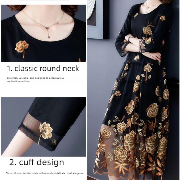 Rochie lungă rotundă brodată pentru femei, plasă, toamnă, largă, linie A, mărimi mari