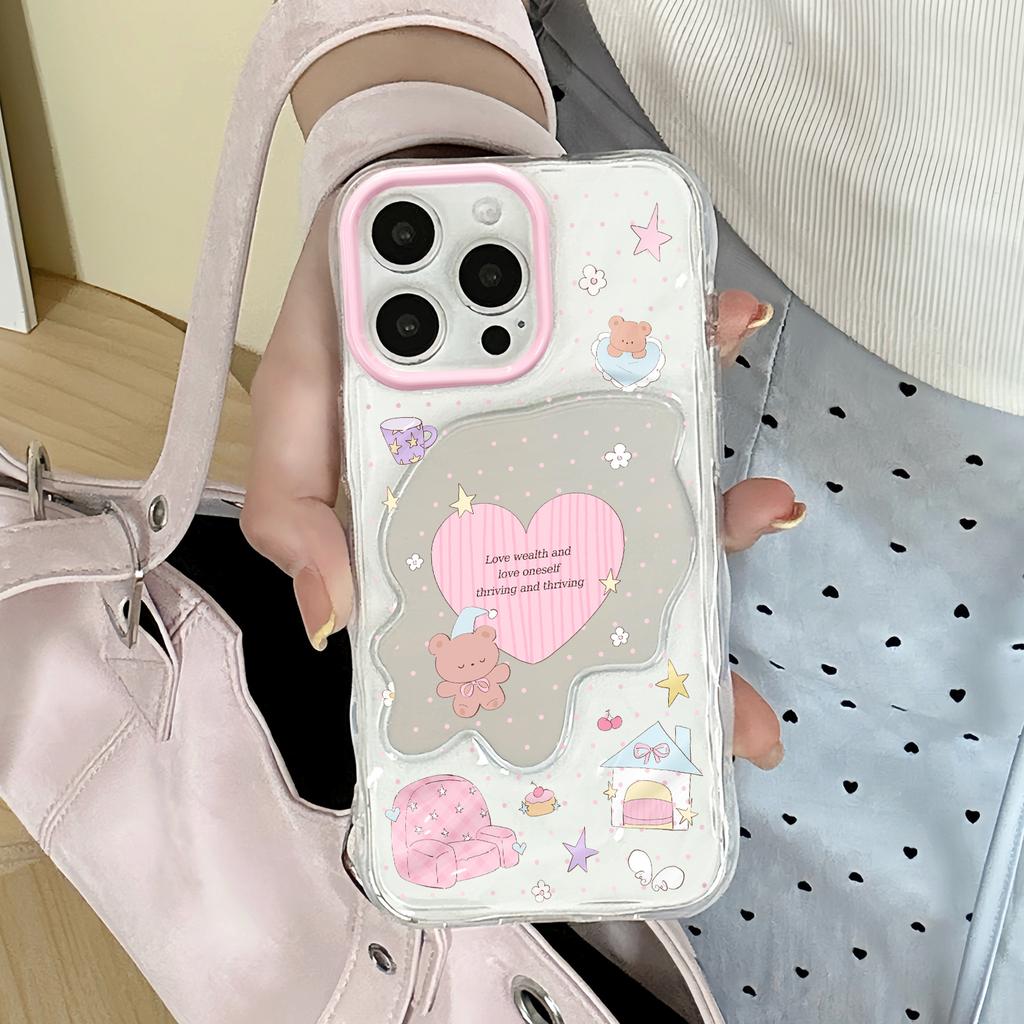 Love Bear Wave Mirror Is Suitable for Apple 16/15/iphone13promax Huawei Makeup Mirror Mobile Phone Case
