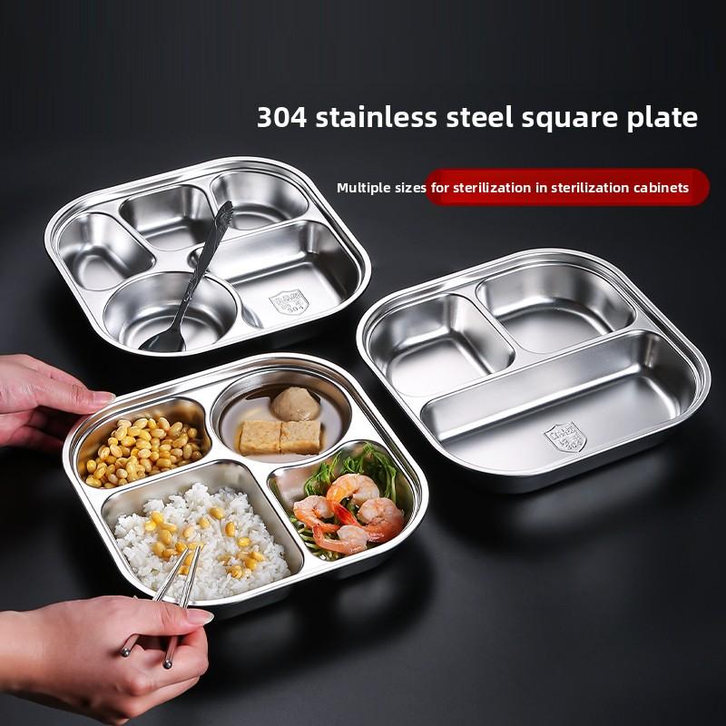 304 Food Grade Stainless Steel Meal Plate Divided with Lid Adult Three Compartment Lunch Box School Student Fast Food Plate