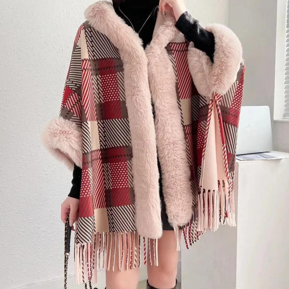 Women Winter England Plaid Thick Velvet Warm Poncho Outer Wear Batwing Sleeves Knitted Faux Rabbit Fur Loose Capes Coat With Hat