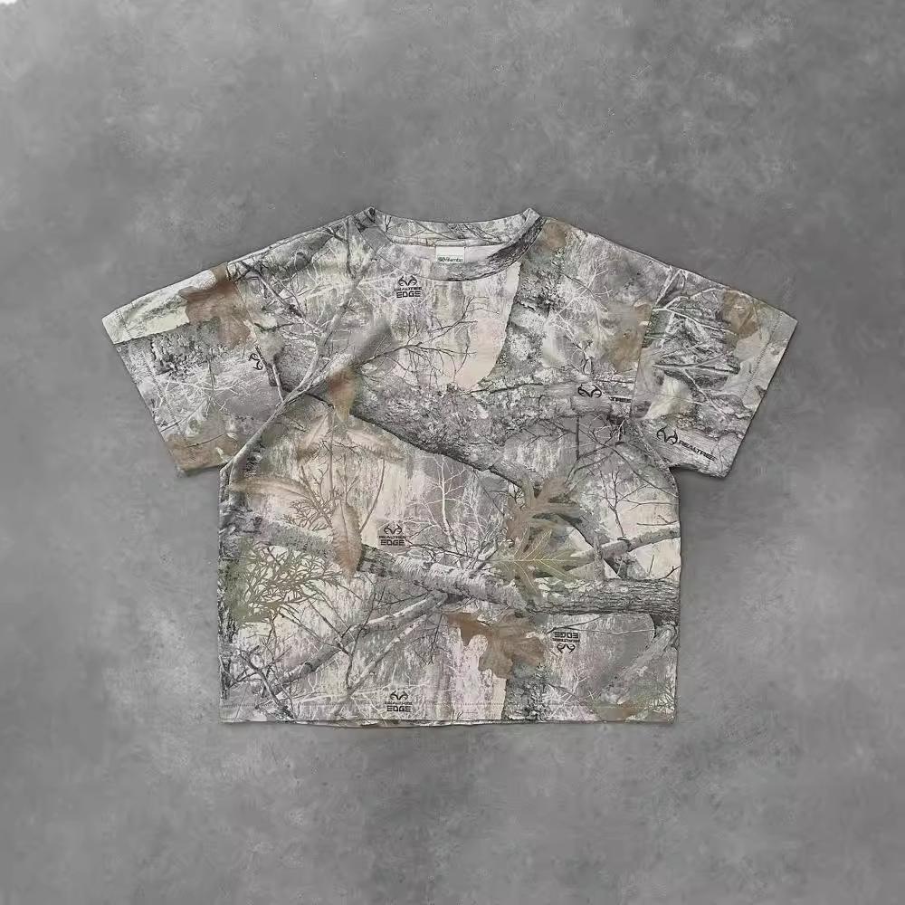 25024 short-sleeved retro loose leaf print polo shirt loose versatile high street pullover