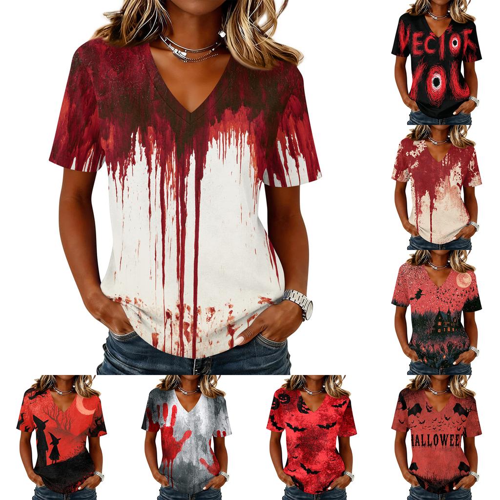 Haut pull décontracté à manches courtes et col en V pour femme, imprimé Halloween, coupe ample, t-shirt léger pour un usage quotidien