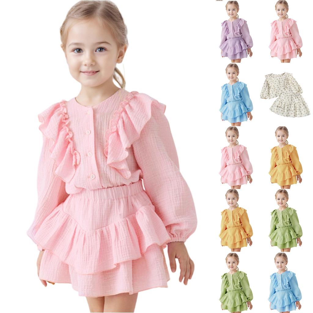 Girls Cotton Blouse with Flutter Sleeves and Ruffle Skirt Set Two Piece Outfit Soft Lightweight Fabric Comfortable Fit Spring Autumn