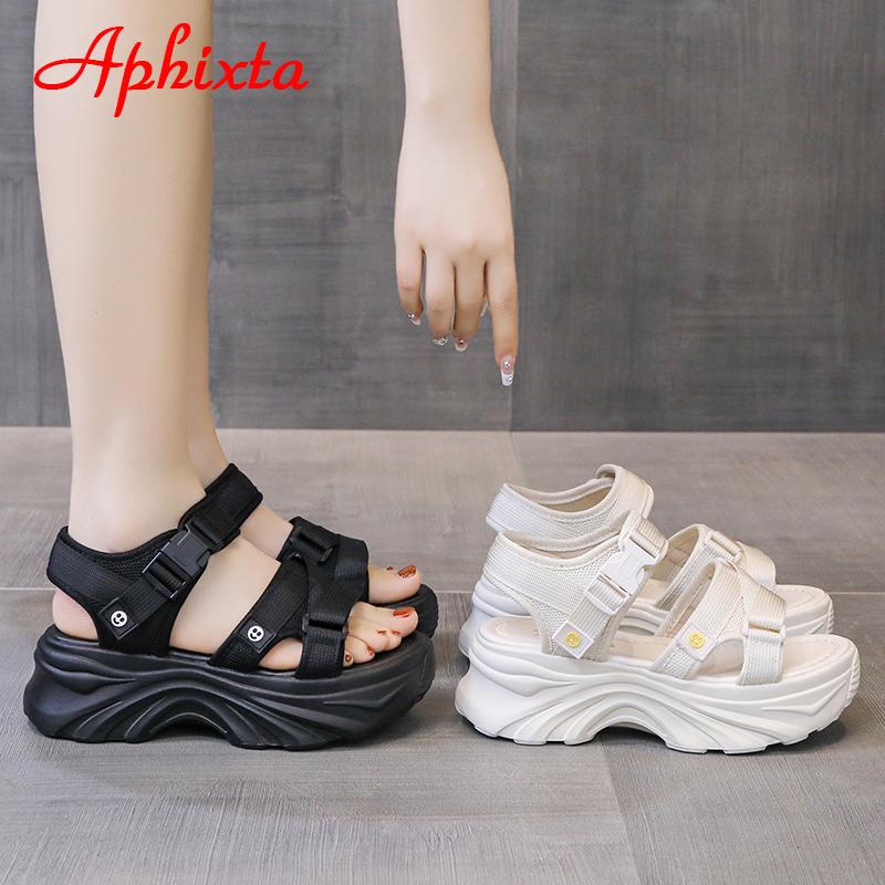Fashion Aphixta 2025 Buckle Height Increaming Canvas 6.5cm Wedge Heel Platfom Sandals Women Shoes Black Thick Bottom Slides
