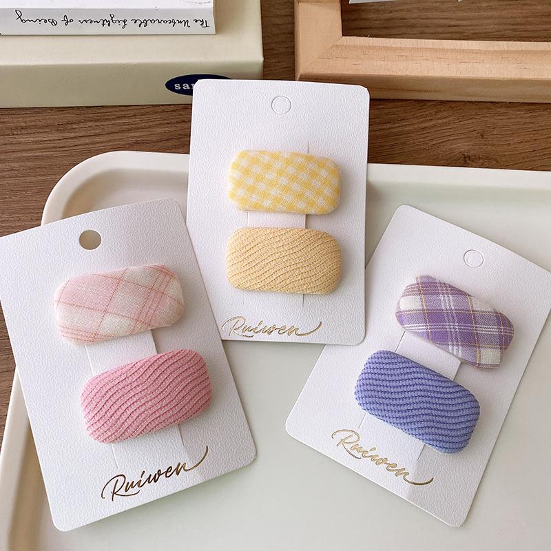 2Pcs/set Macaron Fabric Plaid Hair Clip Solid Color Square Cotton Filling Hairpin Children's Side Bangs Clip Girls Hair Accessories
