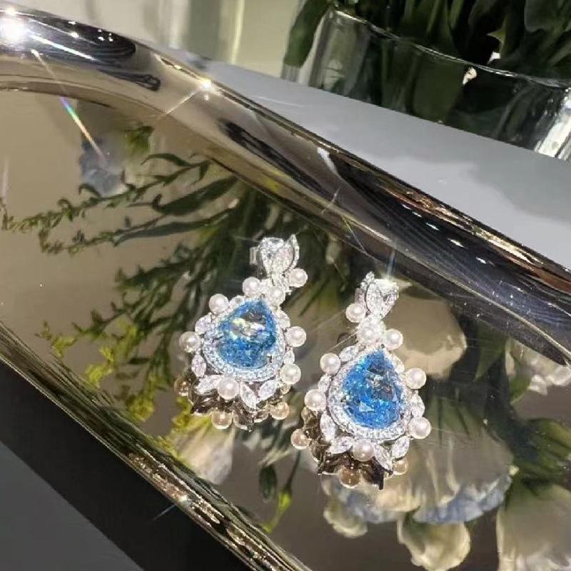 Luoxi Temple 2024 Ice Flower Cut Aquamarine Teardrop Earrings in 925 Sterling Silver