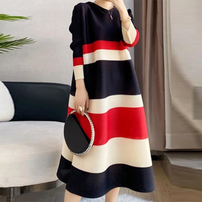 

ZANZEA Жіноча повсякденна довга сукня з круглим вирізом і довгими рукавами в смужку S червоний