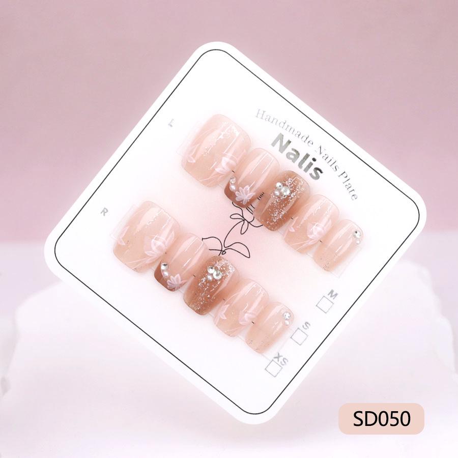 Handmade Pink Petal French Manicure with Rhinestones – Sweet & Versatile Nails Small Petals