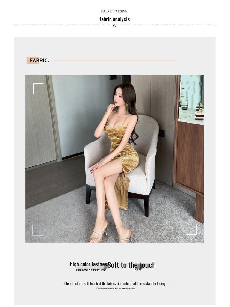 Elegant Velvet Strappy Midi Dress with High Slit and Low-Cut Design