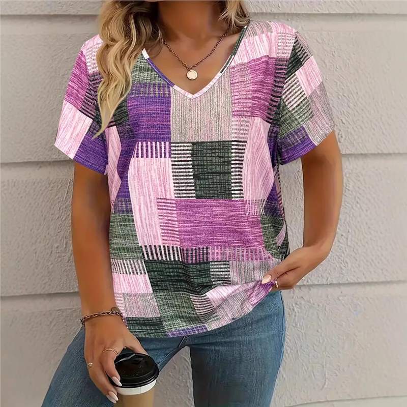 Summer V-neck 3D Square Stripe Printed Top Fashionable Casual Short Sleeved Women's T-shirts