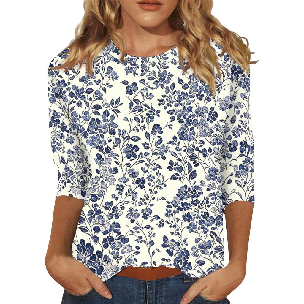 Damen Casual Blumenmuster Dreiviertelarm Rundhalsausschnitt Oberteil Leicht Bequem Sitzend Weicher Stoff Bluse für den Alltag