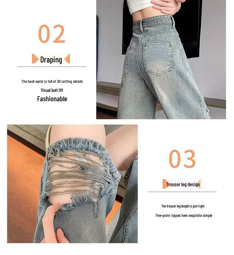 Damen Nostalgische Blaue High-Waist Ripped Denim Shorts - Lockere Passform, Mittellang, Weites Bein für Birnenförmige Körper.