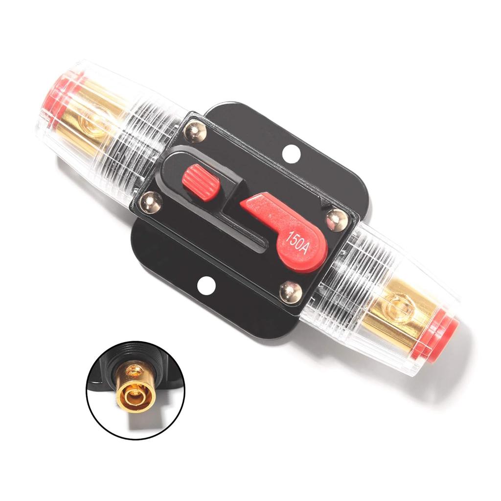 Car Audio Inline 150A Amps Circuit Breaker, 12-24V DC Overload Protection Fuse with Manual Reset, for Car Audio Marine Boat Stereo Switch Inverter