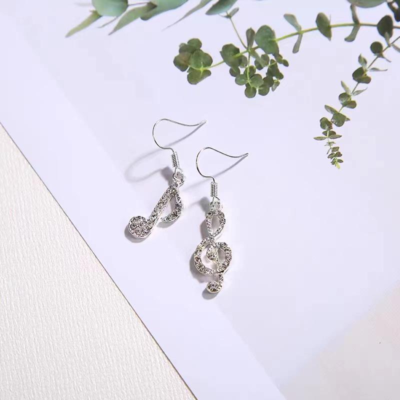 Korean Socialite Asymmetrical Rhinestone Musical Note Earrings