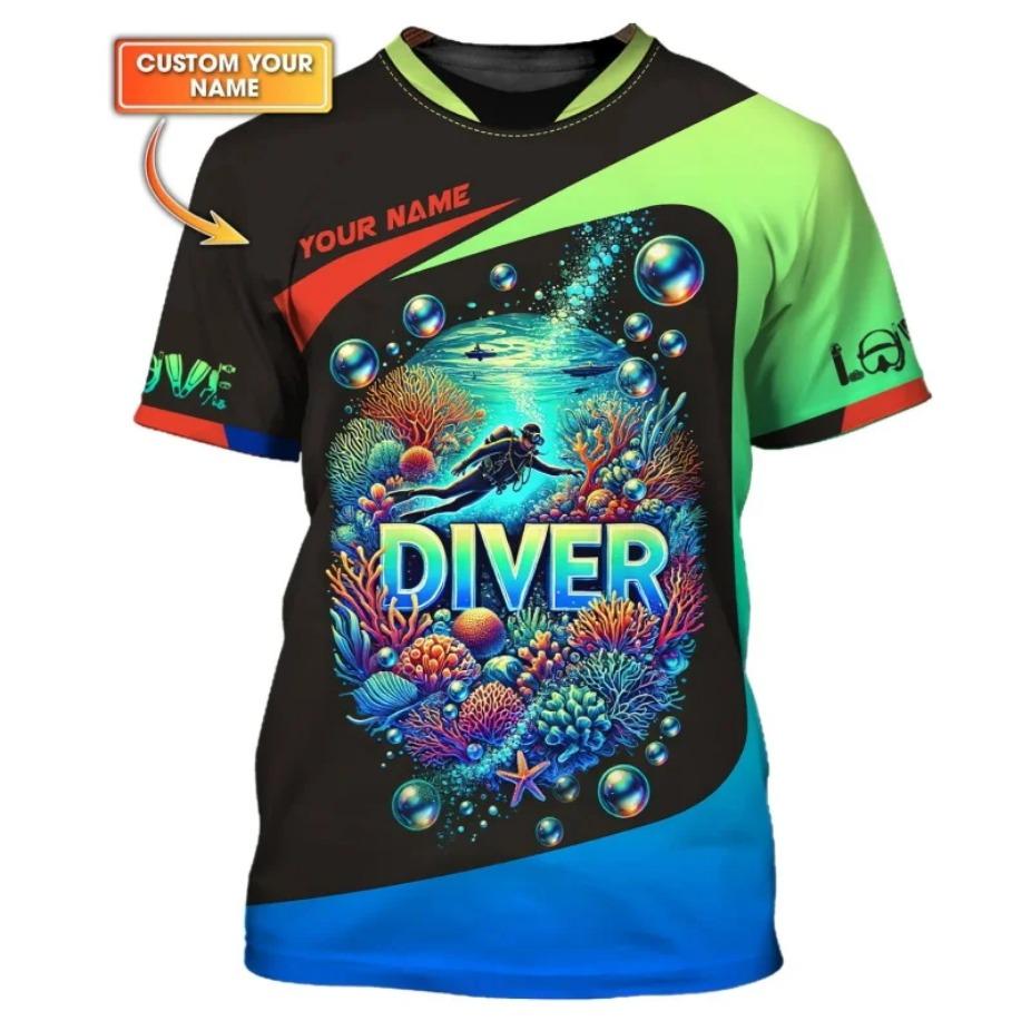 Custom Name 3D Print Diver T Shirts Tops Summer Short Sleeve Casual Scuba Diving Tshirt for Men Clothes Mens Shirts