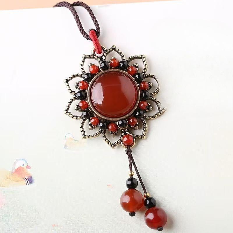 GEMCHIC Women's Vintage Ethnic Lotus Pendant Necklace Red Stone Beaded Choker Retro Collarbone Chain Jewelry