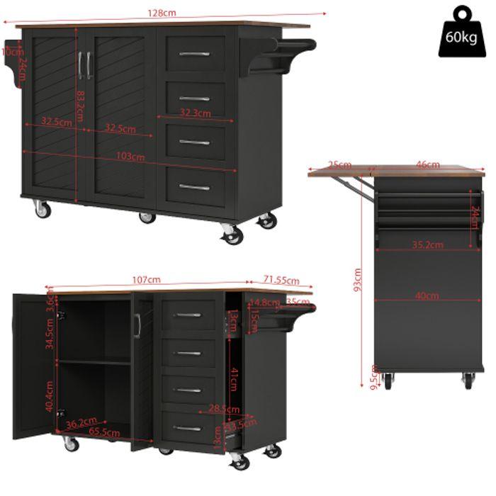 Chariot De Cuisine - MUVOE - Buffet Noir - Plateau Pliable - 2 Tiroirs - 2 Portes