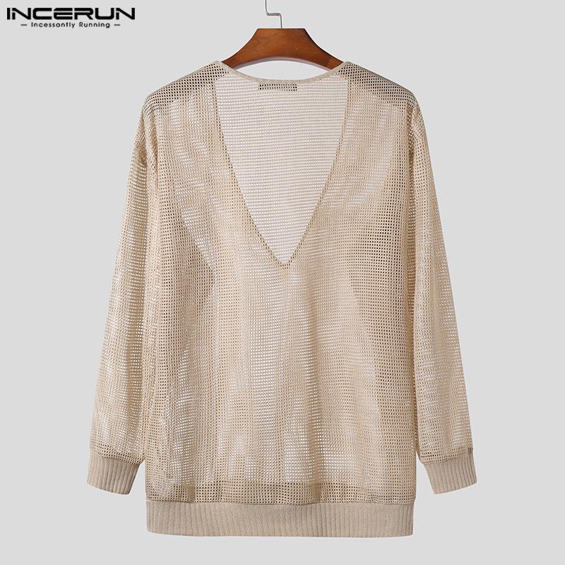 INCERUN Pánské topy s hlubokým výstřihem do V a průhledné, ležérní trička s dlouhým rukávem z rybí sítě